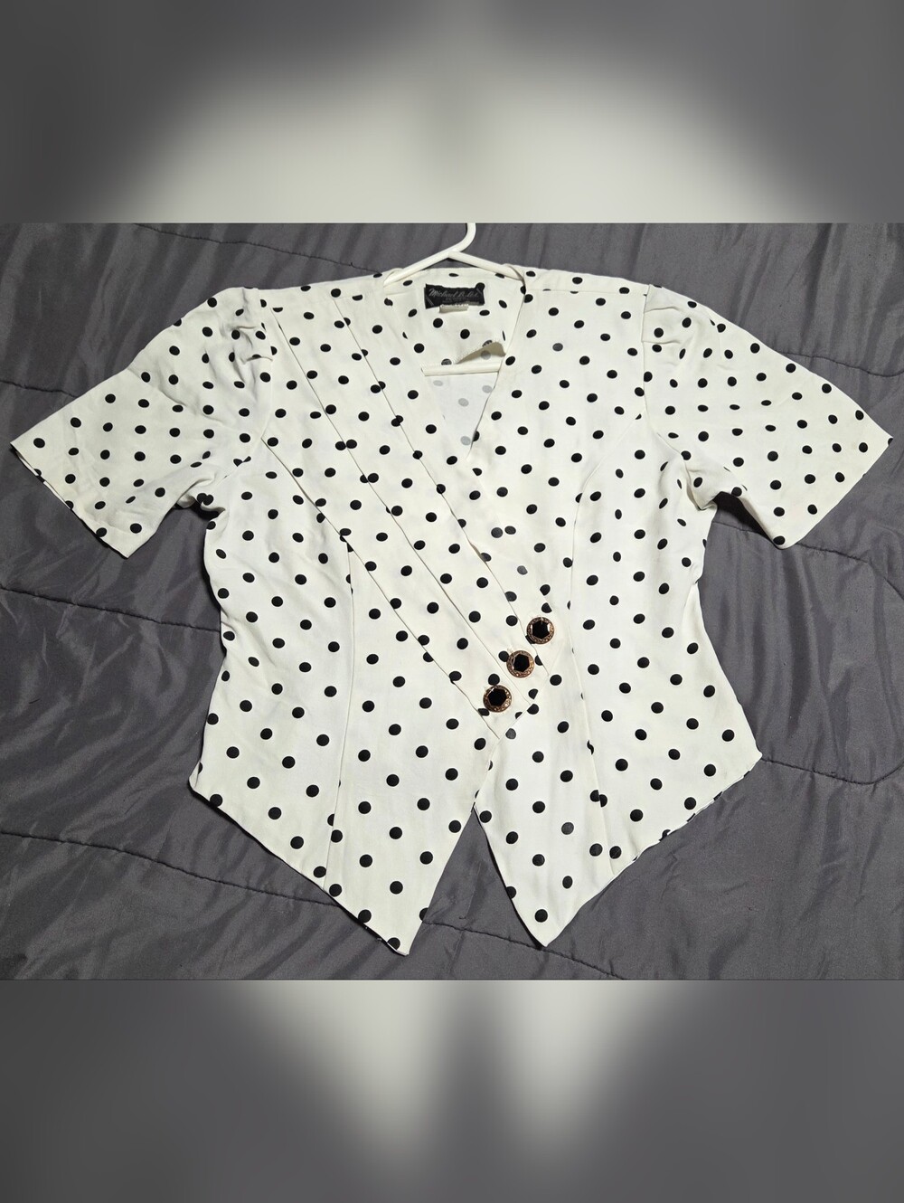 Polka Dot Wrap Blouse with Decorative Buttons - White & Black